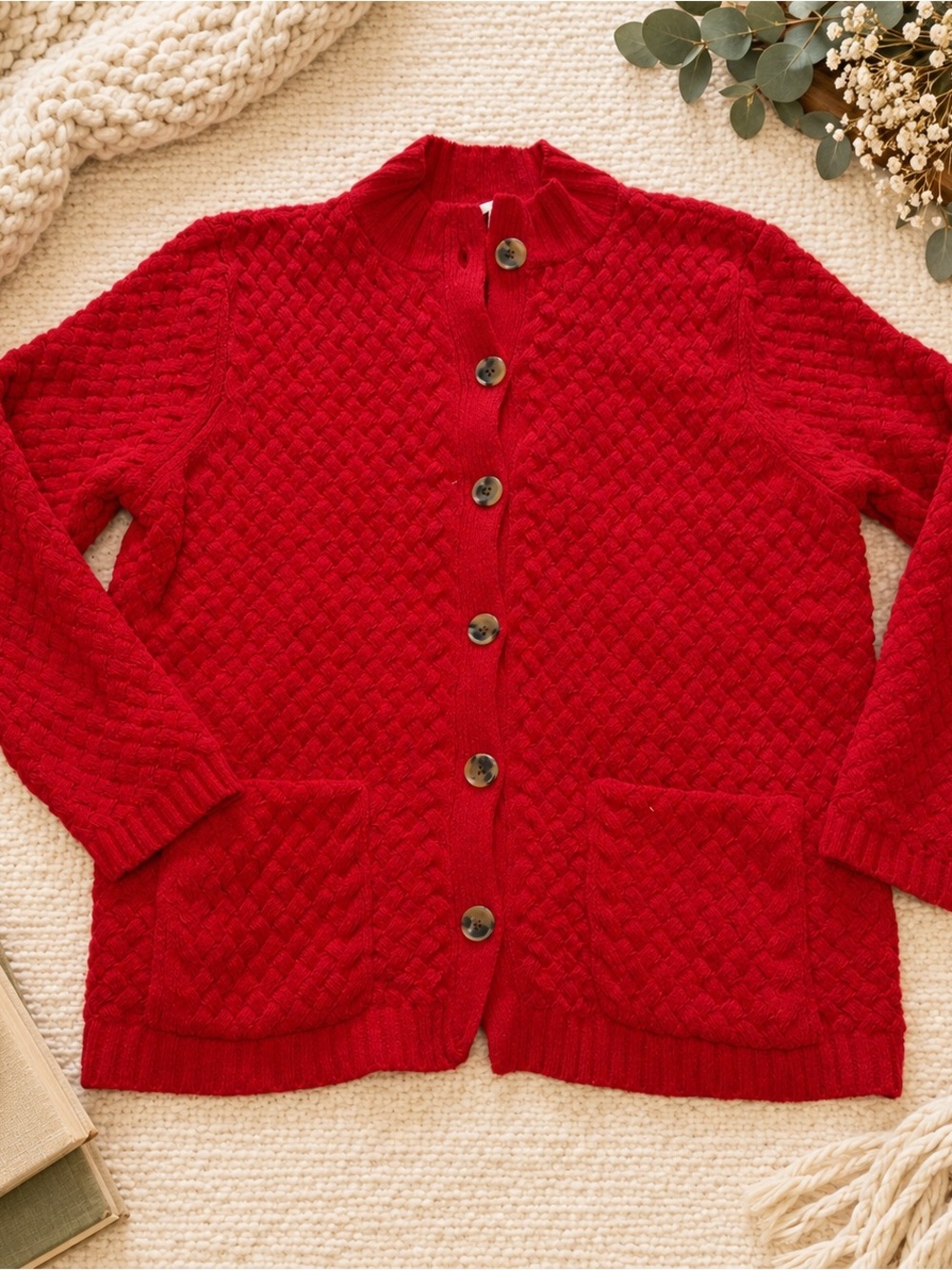 J.Jill Red Basketweave Knit Cardigan — Size M
